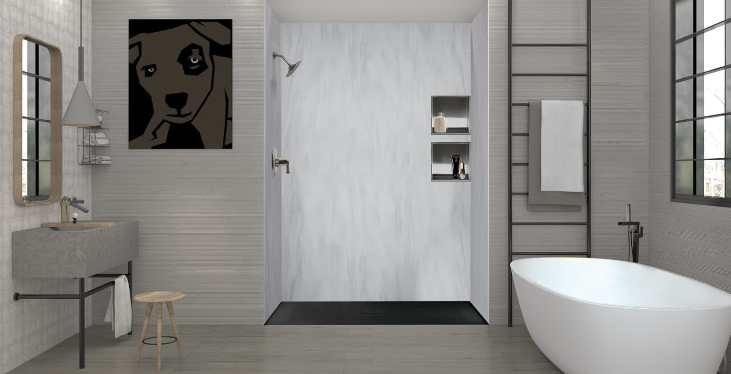A darker base grounds a light marble-look wall and hides everyday wear better than white.