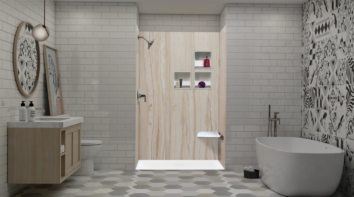 Zero-threshold shower base set flush with the finished bathroom floor