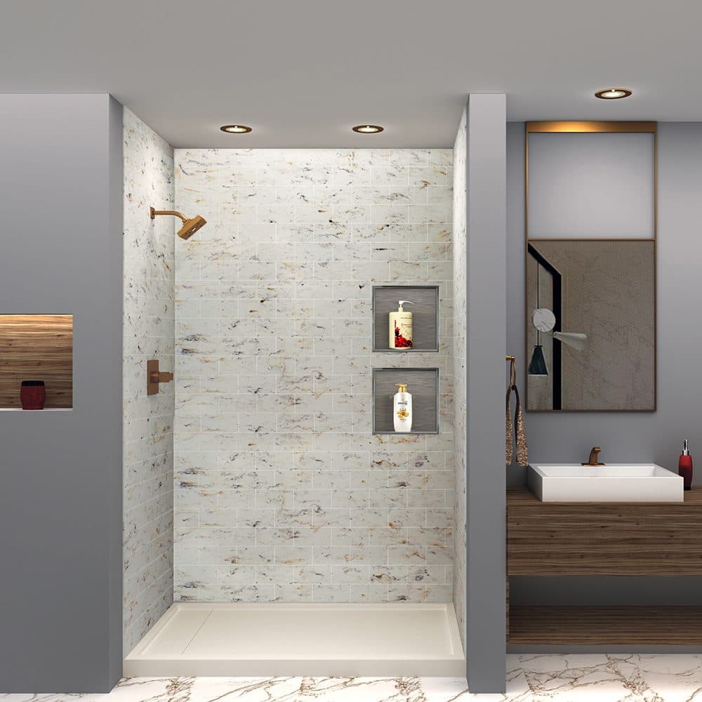 Shower with warm butterscotch veined solid surface walls and brass fixtures