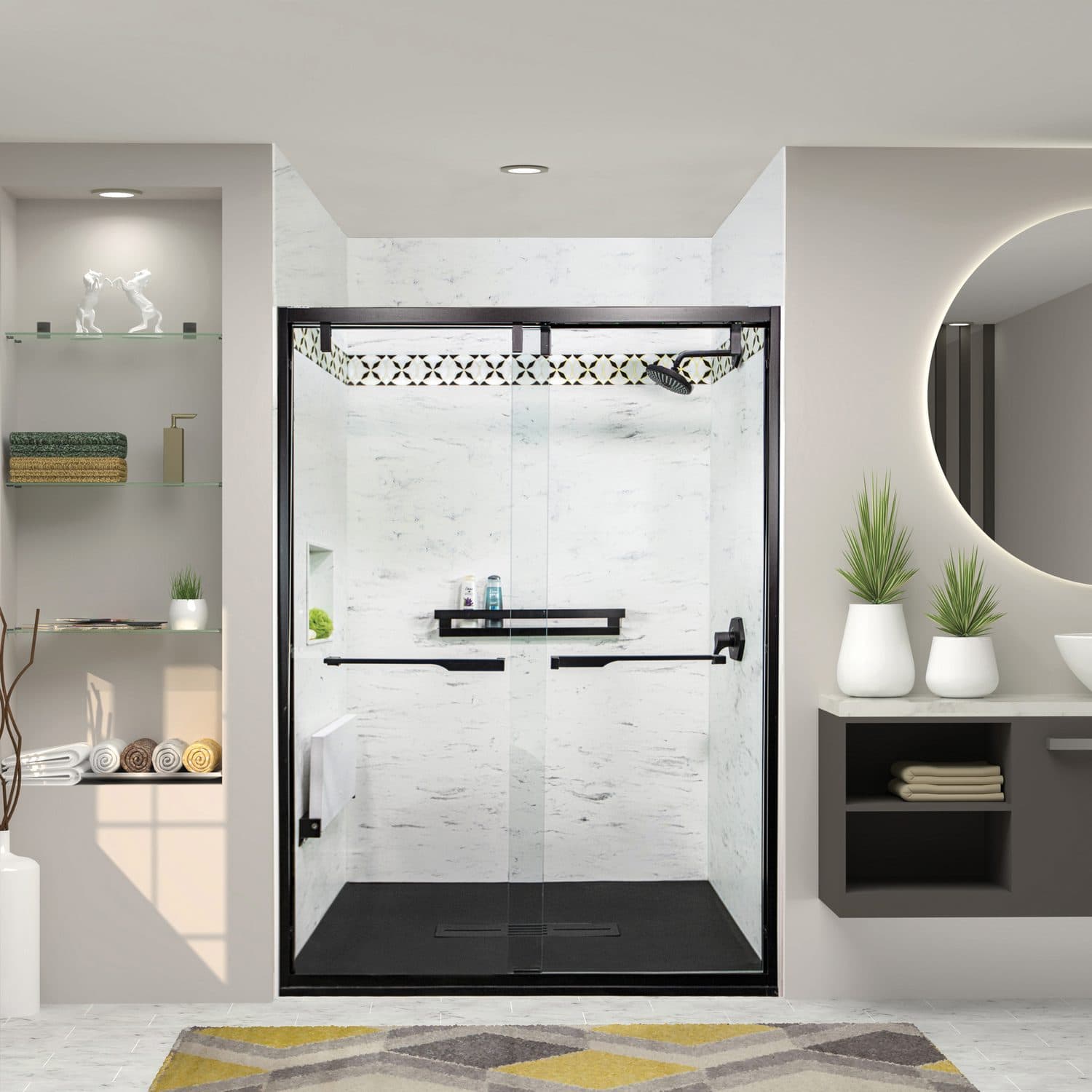 Walk-in shower with Carrara solid surface walls and a framed glass enclosure
