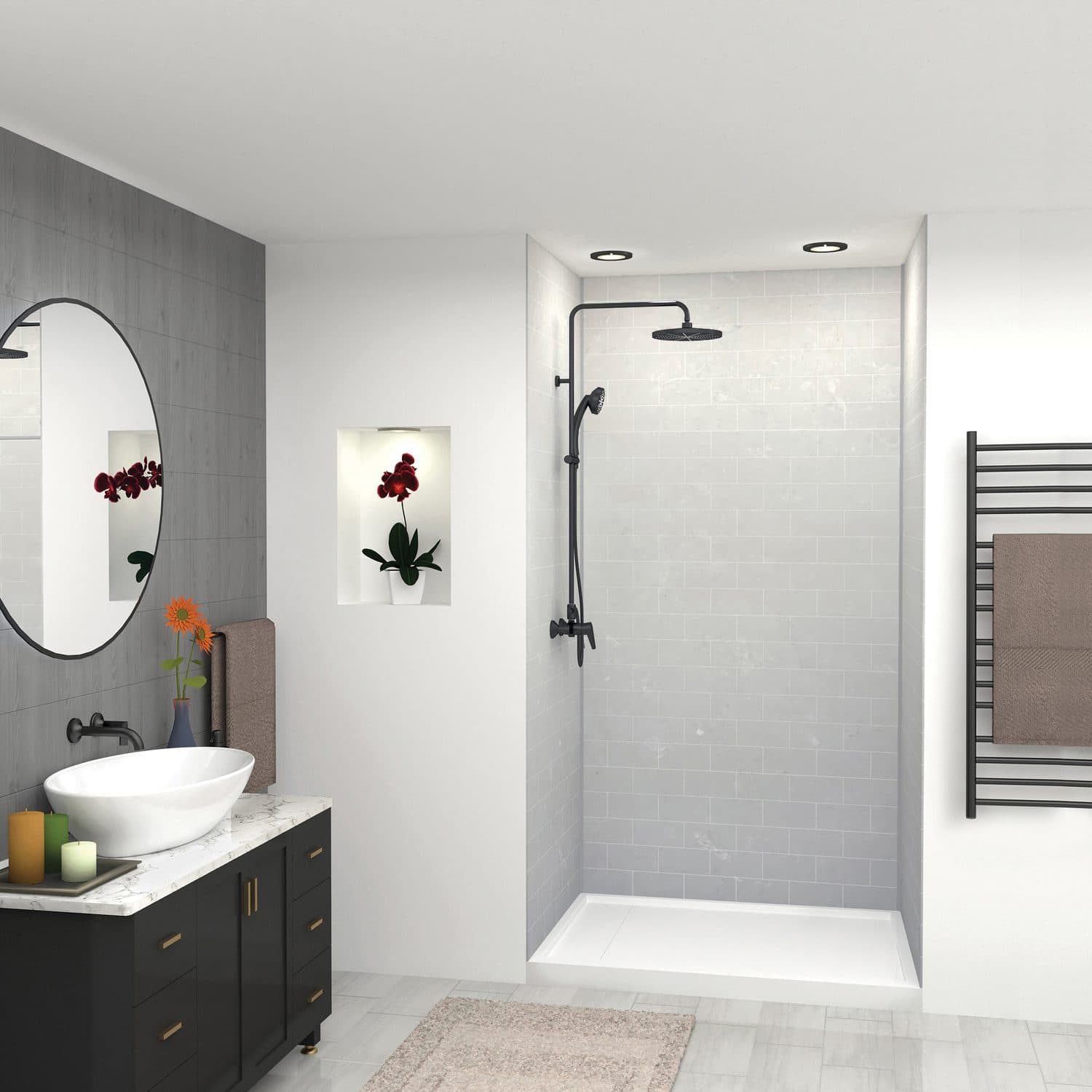 Shower with pale moonstone solid surface walls and a freestanding tub alongside